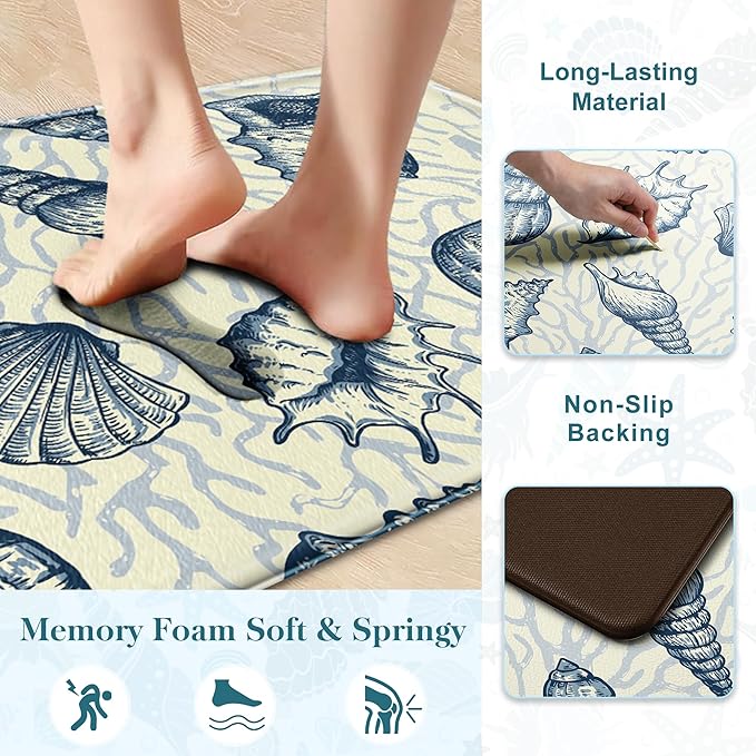 Kitchen Mats for Floor Cushioned Anti Fatigue Sets of 2 Beach Theme Kitchen Rugs Non Slip Waterproof Coastal Foam Kitchen Floor Rug Nautical Coral Seashell Comfort Standing Mat for Sink Laundry, Navy