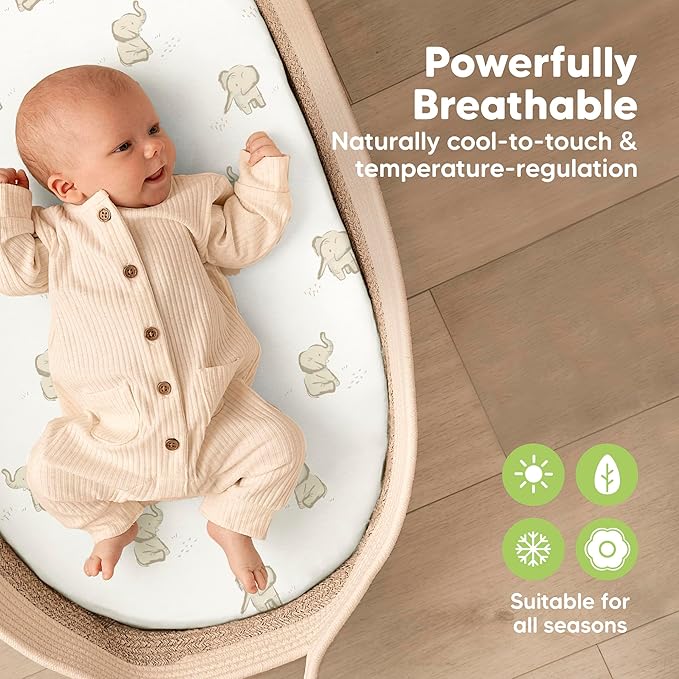 2-Pack Baby Bassinet Sheets Girl, Boy - 33x17 Viscose Derived from Bamboo Bedside Mattress Fitted Bassinet Sheets, Compatible with Halo Bassinest Swivel Sleeper, Baby Delight, Graco (Elly)