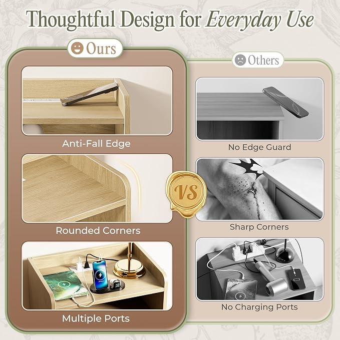 Huuger Nightstand with Charging Station, USB-C Port, End Table | Fluted Night - Image 5