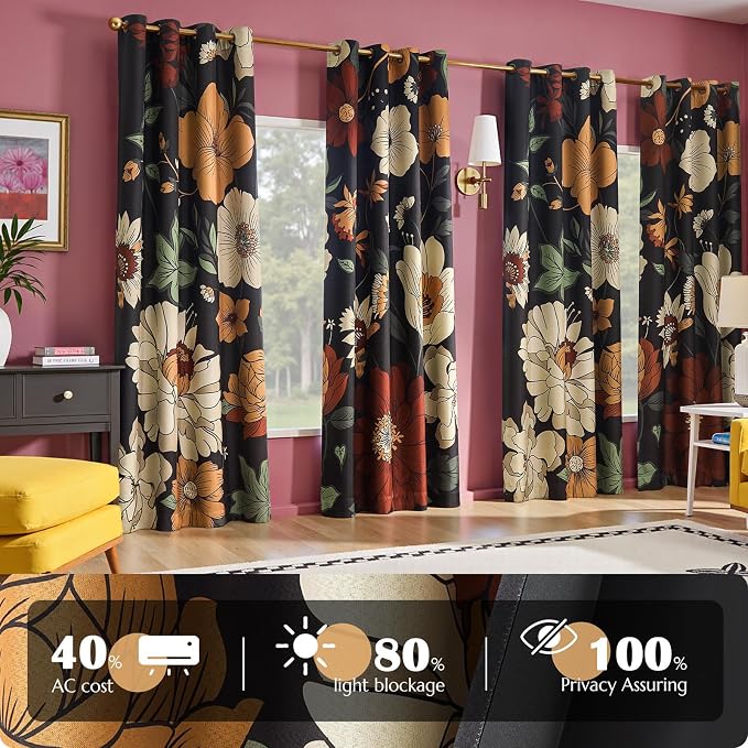 jinchan Black Boho Floral Blackout Curtains 84 Inch Grommet 4 Panels | Room - Image 2