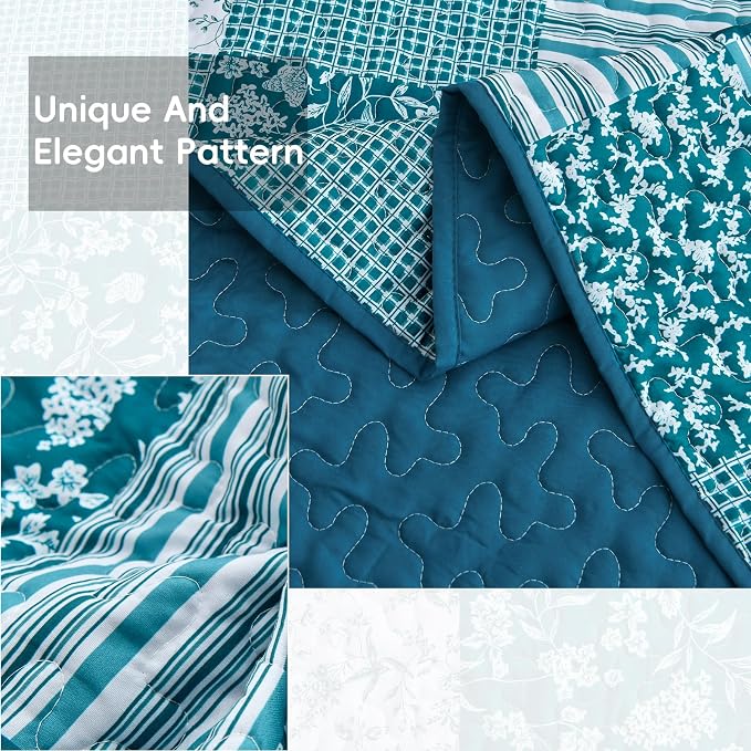 Mybedsoul Teal Blue Quilt Set King Size 3 Pieces Boho Plaid Turquoise Floral - Image 4