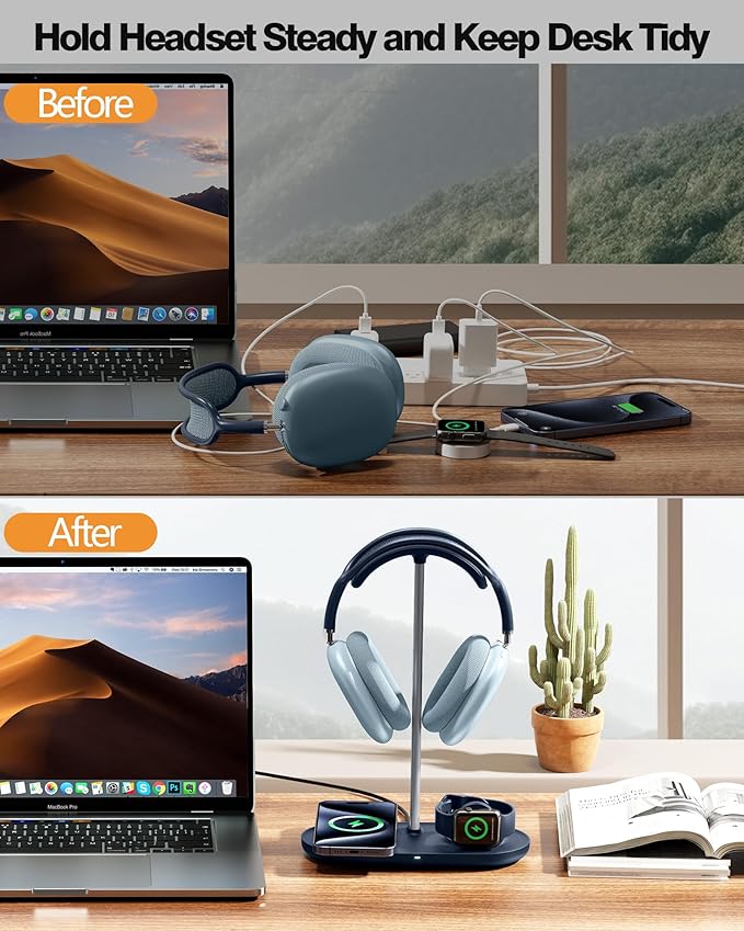 HiWe 3-in-1 Headphone Stand - Universal Desktop Gaming Headset Holder with Wireless Charger for Phones/AirPods/iWatch, Aluminum Alloy Rod, Leather Pad, ABS Solid Base, Blue