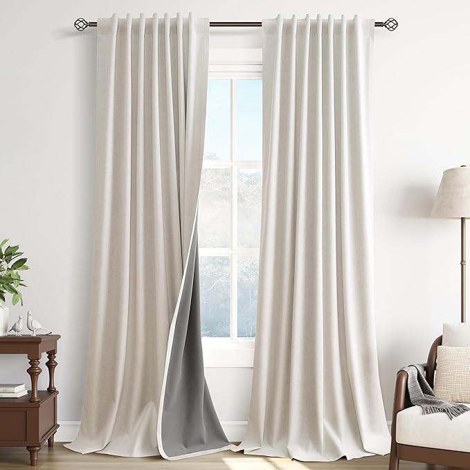 Cream Natural 100% Blackout Linen Bedroom Curtains 100 Inches Long 2 Panel Sets by Guken