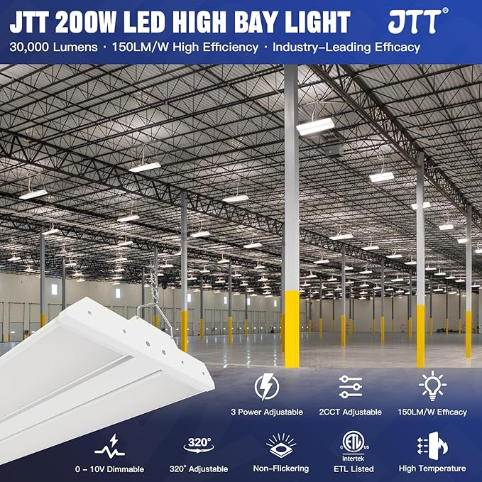 JTT LED Linear High Bay Light,200/150/100W 2FT 30000LM Shop Light Commercial 360° Adjustable 4/5000 CCT Tilt Hanging LED High Bay Shop Lighting Fixtures for Garage Warehouse Workshop Store, ETL 2-Pack