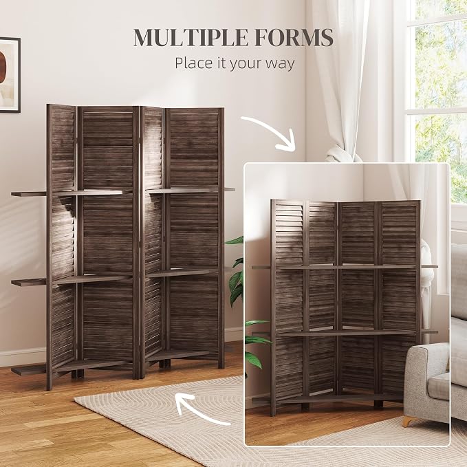 HOMCOM Room Divider with Shelves, 4 Panel, Walnut | Wood Privacy Screen - Image 6