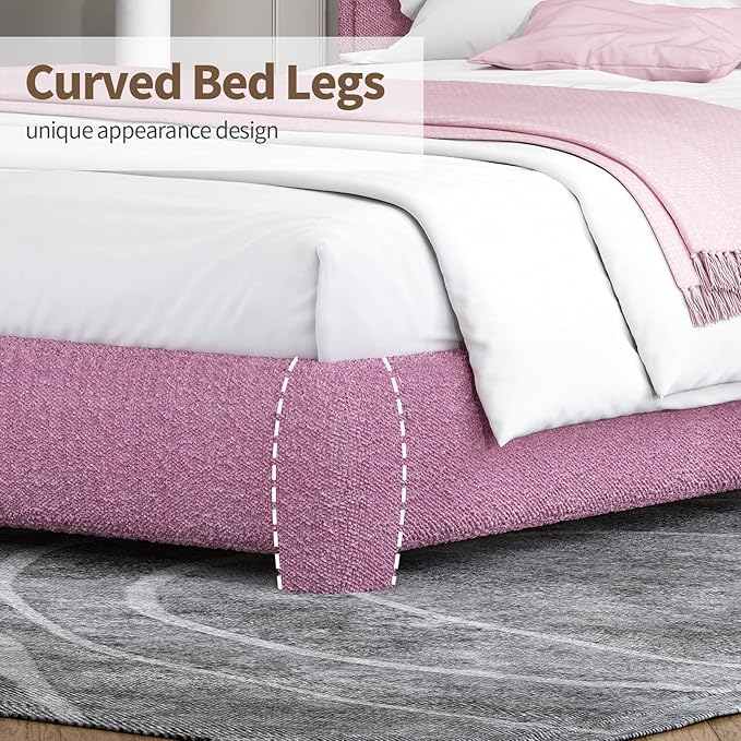 BarnFurin Queen Bed Frame with Headboard, Boucle Upholstered Platform Bed with Wood Slats, Soft Rounded Corners, No Box Spring Required, Easy Assembly, Rose Pink