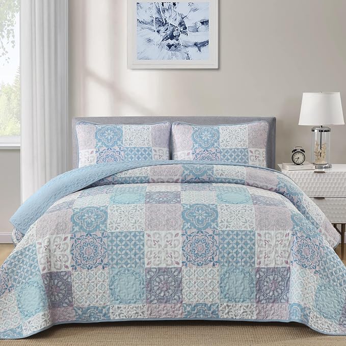 Dobuyly Quilt Set Queen Size, Light Blue/Pink Patchwork Bedspread 3 Pieces - Image 2
