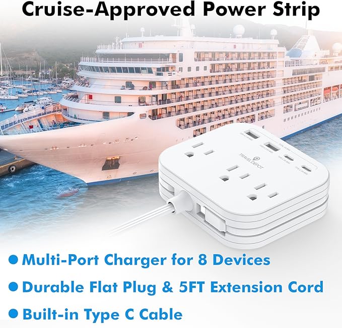 TRAVEL DEPOT Cruise Essentials Flat Plug Power Strip, Durable 5 ft Extension Cord w/ 3 Outlets Extender & Built-In Type C Cable, 2 USB & 2 USB-C Ports, No Surge Protector for Cruise Travel, Dorm, Home