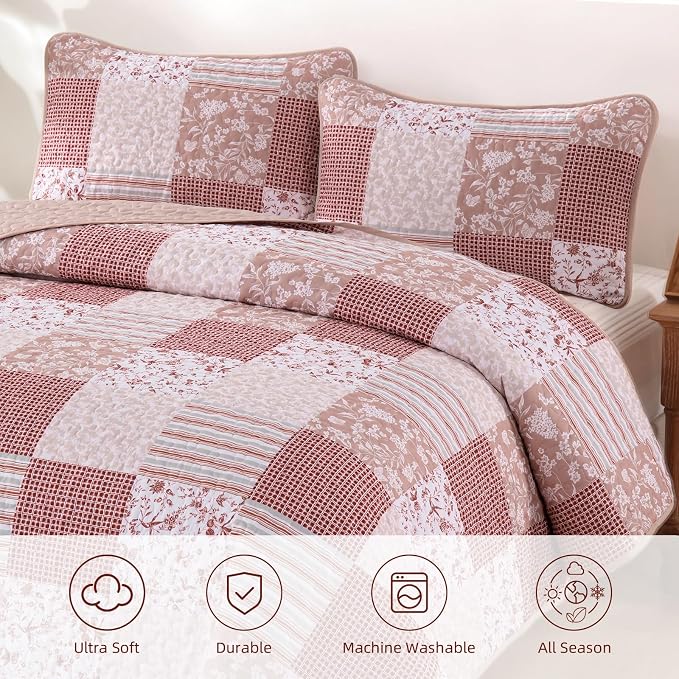 Mybedsoul Patchwork Quilt Set King Size, 3 Pieces Pink Floral Plaid Bedspread - Image 8