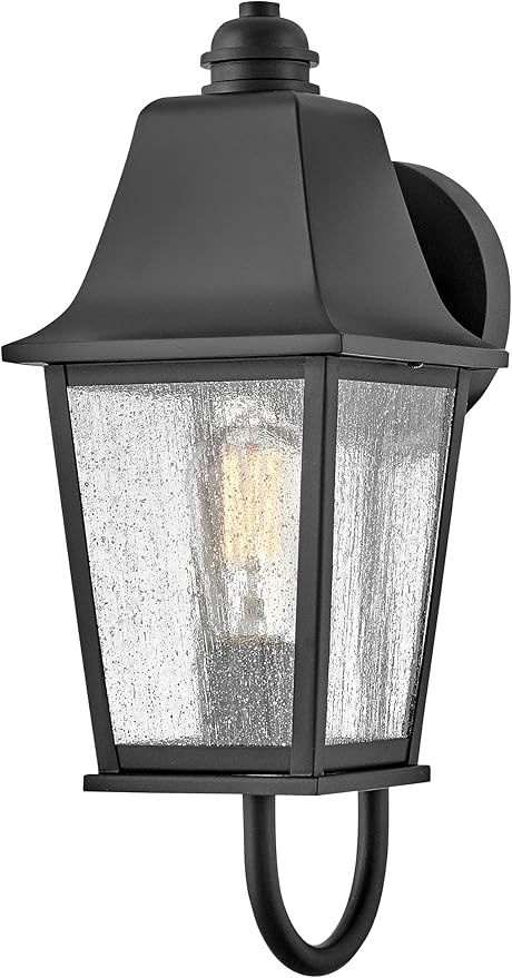 Hinkley Kingston Single Light Wall Mount Outdoor Lantern - Oversized Sweeping Roof & Bottom Arm, Aluminum, Clear Seedy Glass - Black Finish
