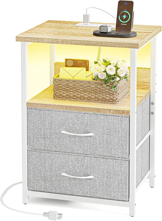 Fixwal Night Stand with Charging Station, Led Nightstand, 2 Fabric Drawers | - Image 7