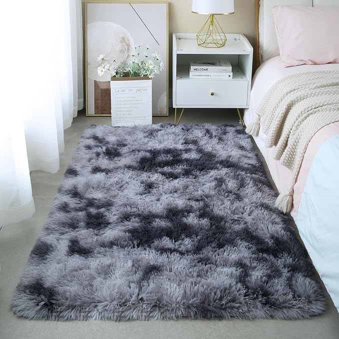 3x5 Tie-dye Dark Grey Fluffy Shag Rug by KICHOWUA