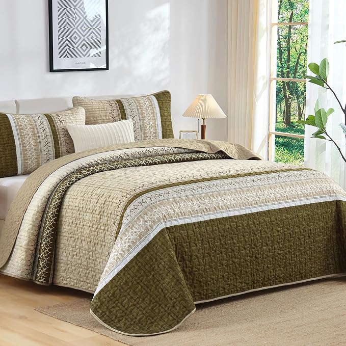 Cottolester Fall Quilt Set King, Soft Brown Striped Texture Bedspread 3 Pcs | - Image 2