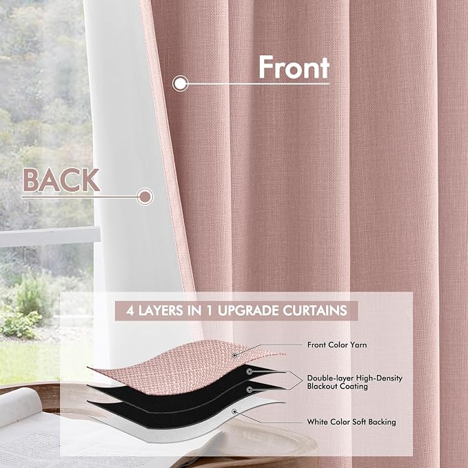MIULEE 100% Blackout Back Tab Pleat Linen Curtains 50" Wx102 L, Light Pink | 2 - Image 5