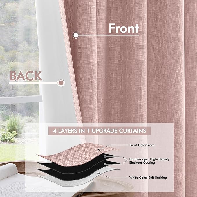 MIULEE 100% Blackout Back Tab Pleat Linen Curtains 50" Wx72 L, Light Pink | 2 - Image 5