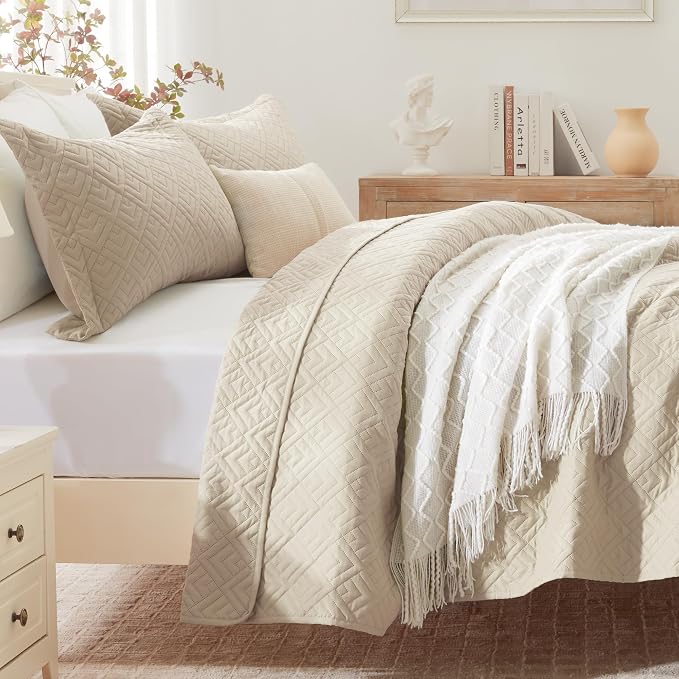 EXQ Home Quilt Set Queen Size Summer Squares Pattern Beige Bedspread | Bedding - Image 2