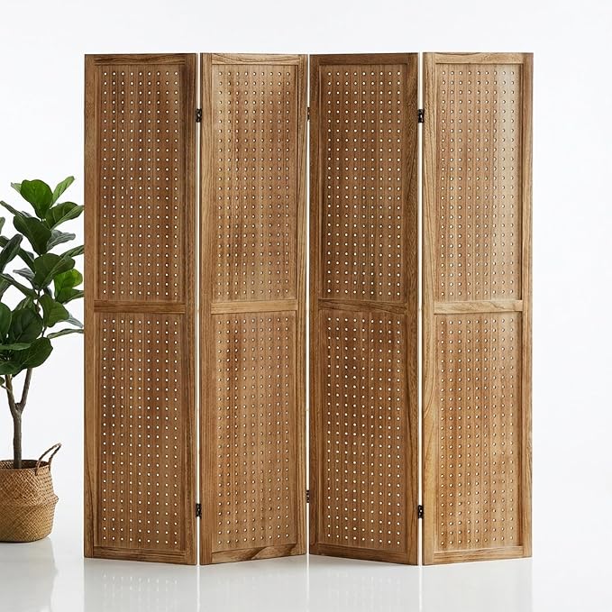 4 Panel Pegboard Room Divider, Folding Privacy Screen, Natural | 5.6 Ft Tall - Image 8
