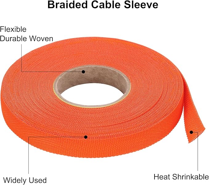 MECCANIXITY Braided Cable Sleeves Heat Shrinkable Fabric Sleeving, 3/8" 60ft Orange 2:1 Ratio Heat Shrinkable Cord Protector for Harness Cable, Network Cable Protection, Cable Management