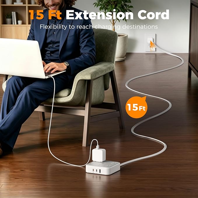 TESSAN Surge Protector Flat Extension Cord 15Ft, Flat Plug Power Strip | 4 - Image 4