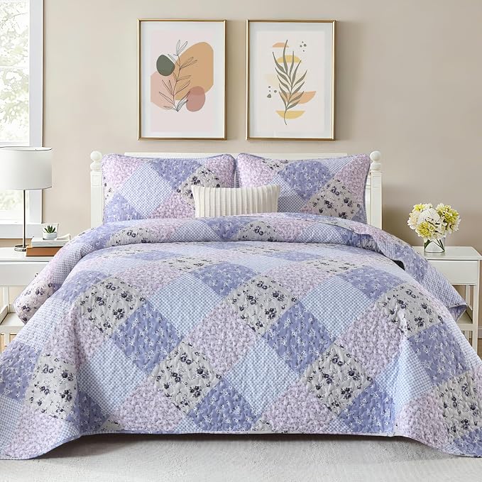 Dinjoy Boho Quilt Set Queen Size, Patchwork Floral Bedspreads, Lavender | by DINJOY