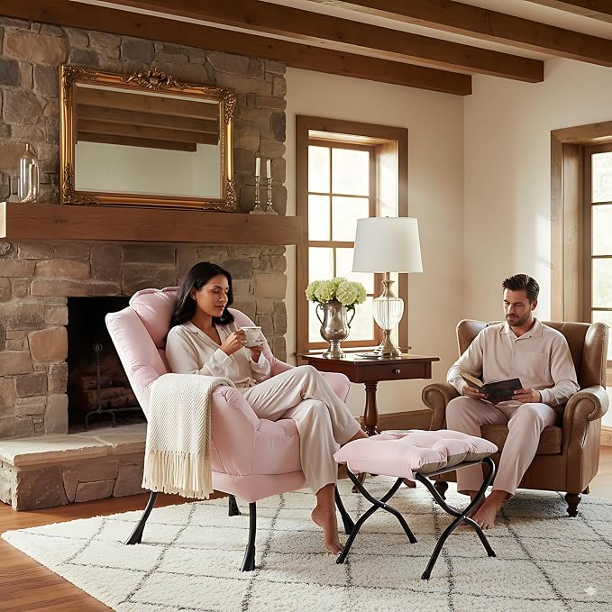 Lazy Chair with Ottoman, Comfy Accent Reading Chair, Removable Cover, with - Image 2