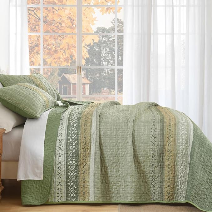 Cottolester Sage Green Queen Quilt Set, Sunner Striped Patchwork Bedspread | - Image 4