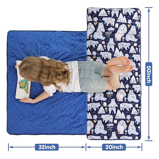 Viviland Toddler Kid Nap Mat for Preschool, Girls Deep Blue Bear Slumber Bag, Daycare Sleeping Bag with Pillow and Blanket, Kindergarten Sleep Mat