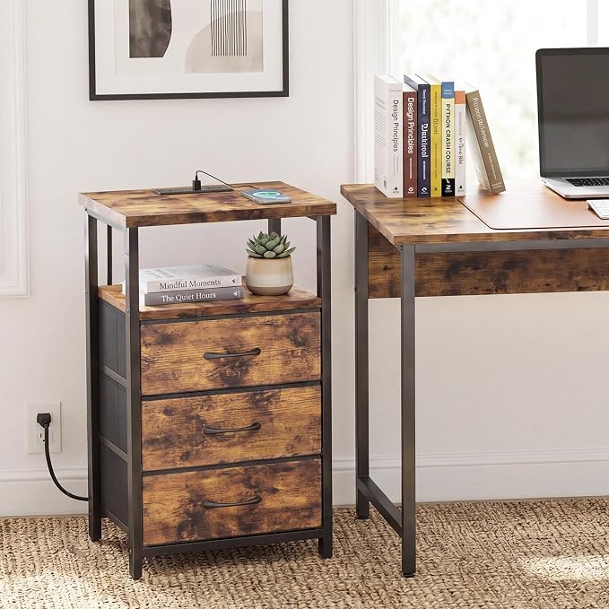 Fixwal Night Stand with Charging Station, 3 Fabric Drawers, Rustic Brown | - Image 7