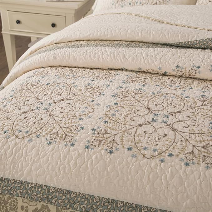 ROOMLIFE Quilt Set Queen Size 3D Floral Embroidery Pattern 3-Piece Cotton - Image 4
