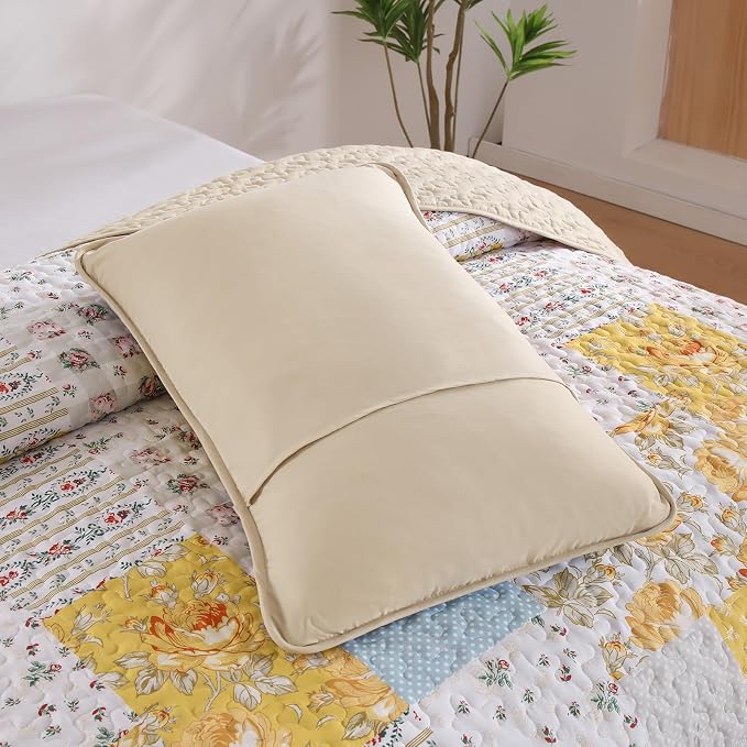 Yellow Patchwork Quilt Set Queen Size, Rose Floral Plaid Bedspread | 3 Pcs - Image 7