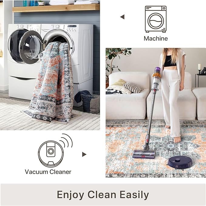6x9 Area Rug, Ultra-Soft Washable Rug for Living Room, Dinner Room, Bedroom, Non-Slip Vintage Floral Rug, Indoor Carpet Large Area Rug, Orange