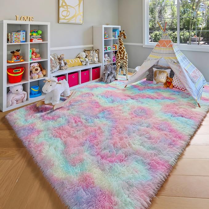 Rainbow Area Rugs for Living Room, 5x8 Fluffy Girls Bedroom Rug, Indoor Ultra - Image 5