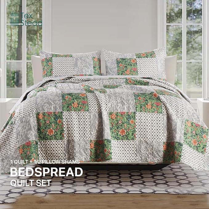 Quilt Set King Size Floral Patchwork Quilted, Soft Comforter Set Bedding Sets - Image 4