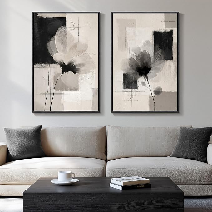 Large Framed Neutral Abstract Floral Wall Art by Cuspin