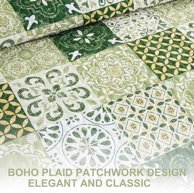 Dobuyly Green Quilt Set Queen Size, Boho Sage Green Plaid Patchwork Bedspreads - Image 6