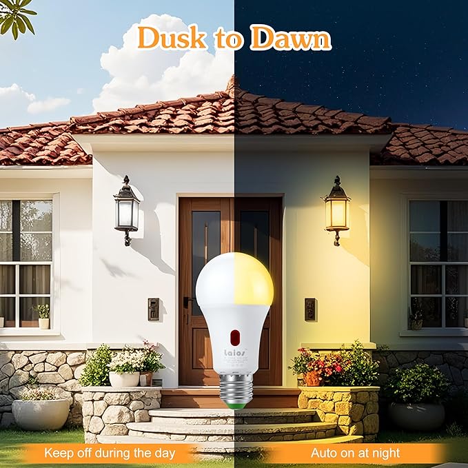 Laios Dusk to Dawn Sensor E26 Light Bulb, 7W LED Outdoor Photocell Lighting Bulb, 1200lm Equivalent 60W, Soft White(2700K), Auto ON/Off with Light Sensor, Pack of 4