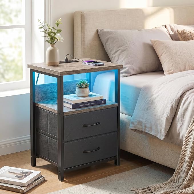 Fixwal Night Stand with Charging Station, Led Nightstand, 2 Fabric Drawers | - Image 2