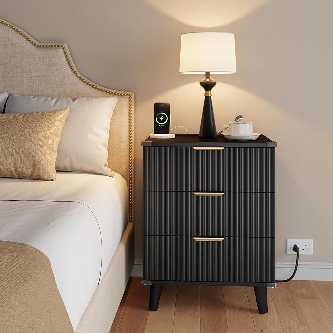 Wood Bedside Table w/Charging Station, 3 Drawers Fluted Dresser | Black - Image 2