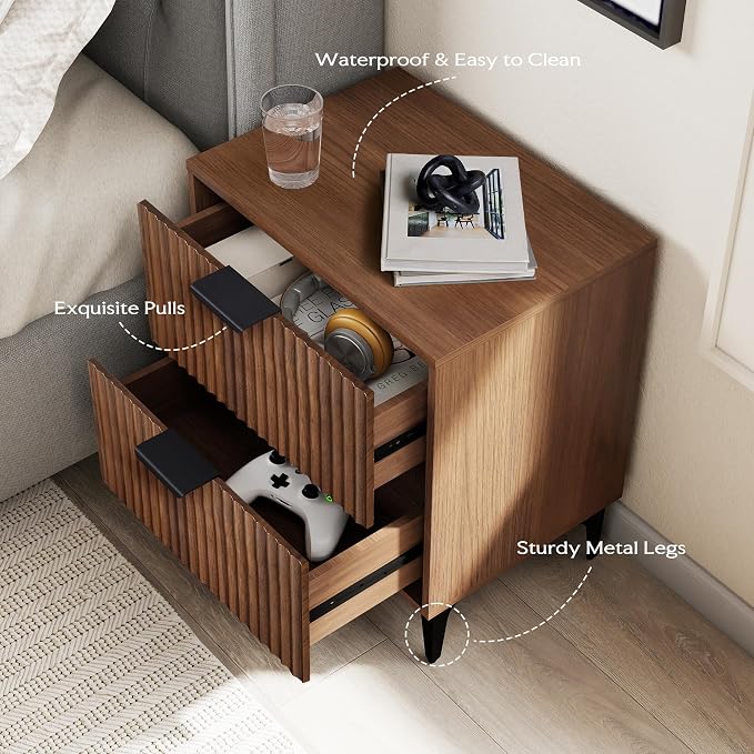 Walnut Fluted Nightstand Set of 2, Modern Night Stands - Image 6