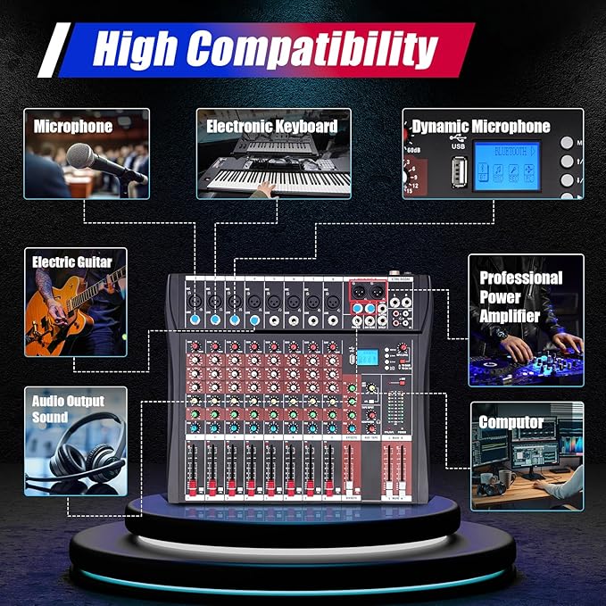 8 Channel Audio Mixer, Professional Audio Mixer with Bluetooth, 48V Phantom Power for Studio Recording, Karaoke and Live Performances