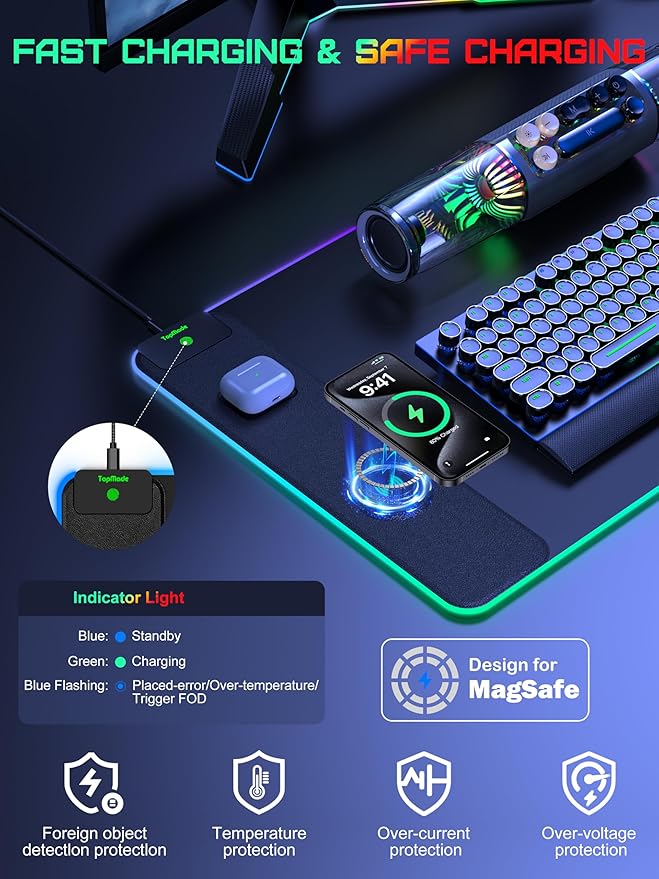 TopMade Wireless Charging Mouse Pad, RGB Gaming Mousepad Home Office Desk Pad, 31.5” x 15.8” XXL Large Desk Mat, Waterproof Keyboard Pad, Black (Includes 20W PD Power Adapter & 6.56ft Woven Cable)