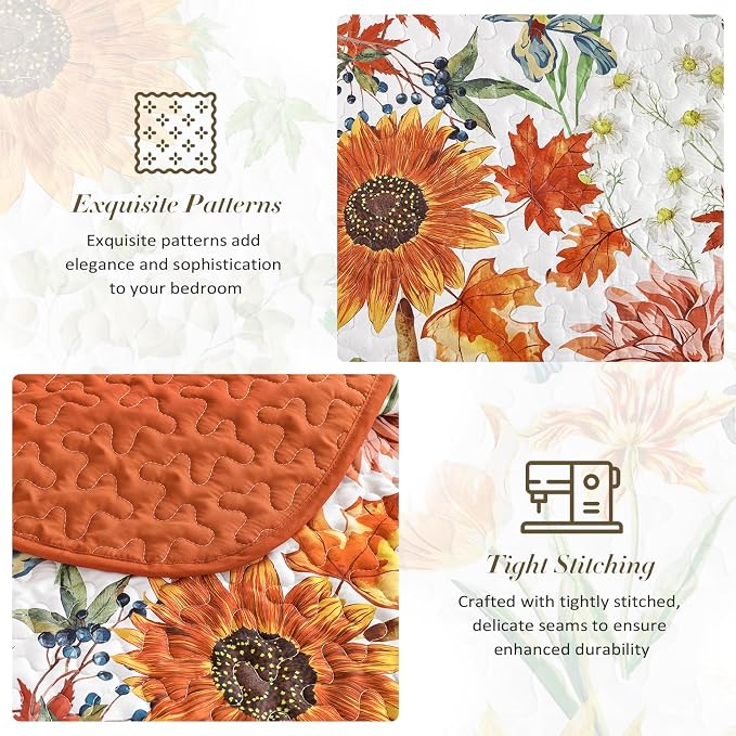 Yiran Fall Floral Quilt Set Queen Size, Microfiber Coverlet - Image 7