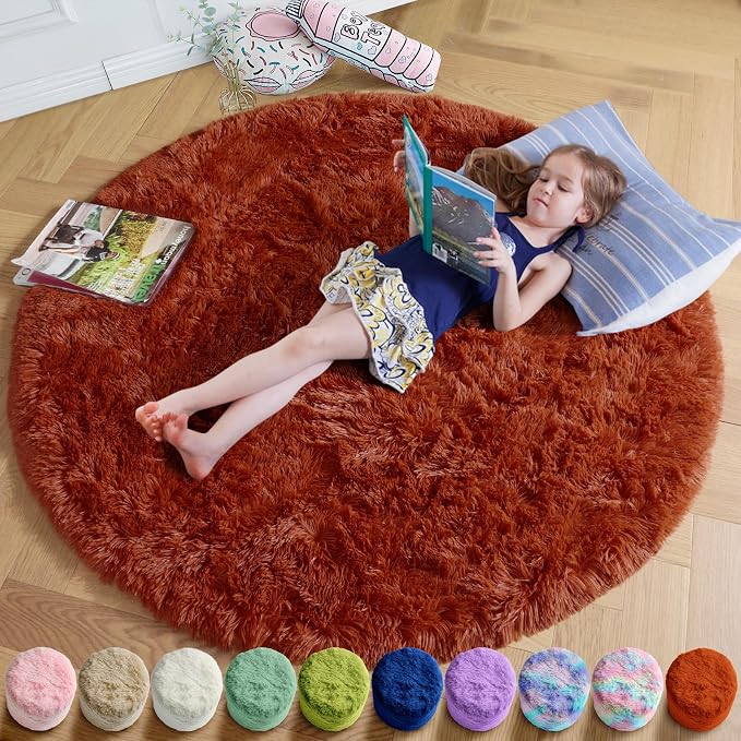 Amdrebio Terracotta Fluffy Round Area Rug 5Ft by Amdrebio