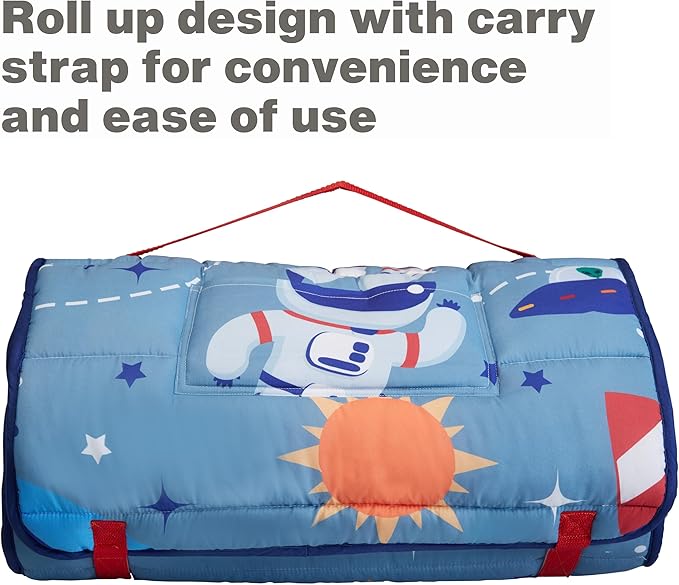 EVERYDAY KIDS Nap Mat w/Removable Pillow -Outer Space Adventures- Carry Handle with Straps Closure, Rollup Design, Soft Microfiber for Preschool, Daycare, Travel Sleeping Bag - Ages 3-6 Years