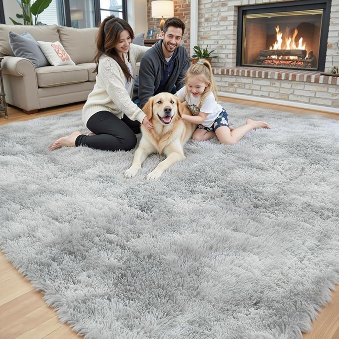 Area Rugs10x14 for Living Room, Light Grey Tie-Dyed Large Shaggy Plush Rugs | - Image 3