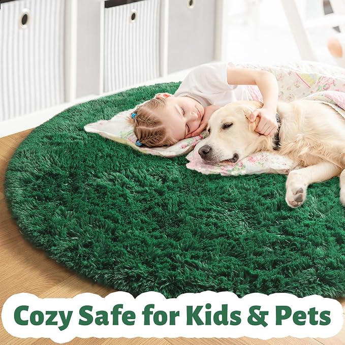 Amdrebio Dark Green Furry Round Circle Area Rug 5Ft - Image 2