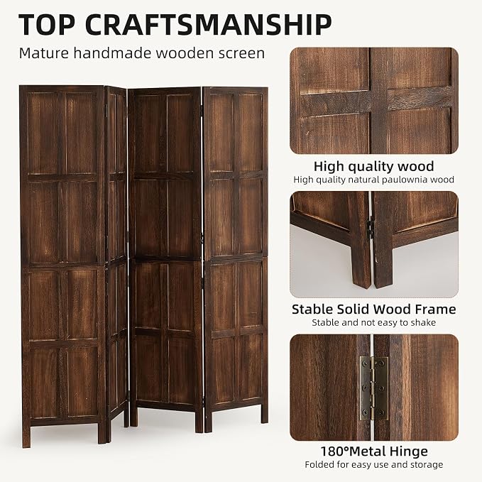 Wood 4 Panel Room Divider, 5.6Ft Detachable Folding Privacy Screen - Image 5