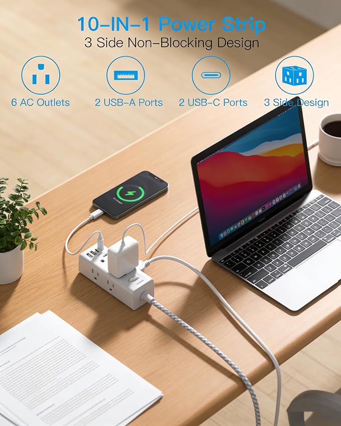 Flat Plug Extension Cord 5Ft, One Beat 5 Feet Surge Protector Power Strip - Image 2