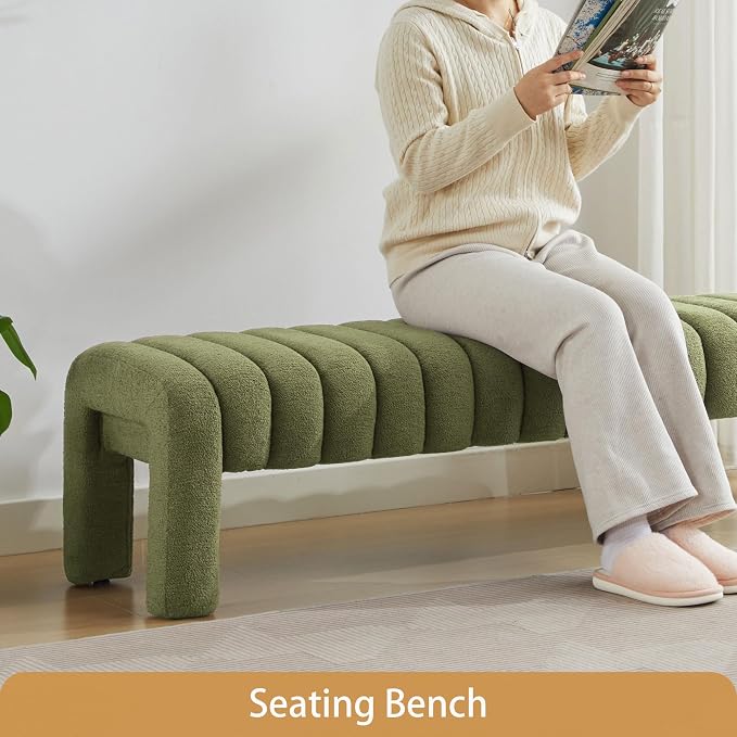 63" Boucle Bed Bench, Cute Upholstered Channel Tufted Bench - Image 5