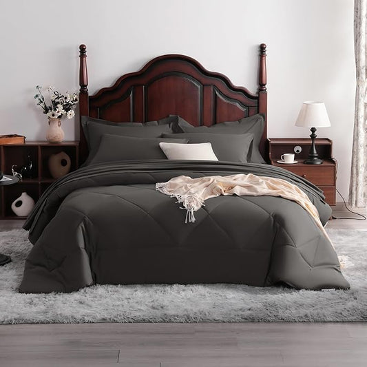 7-Piece King Comforter Set with Sheets – Soft and Breathable All-Season King Bed in a Bag, Down Alternative Comforter Set Solid Color All Season, Dark Grey